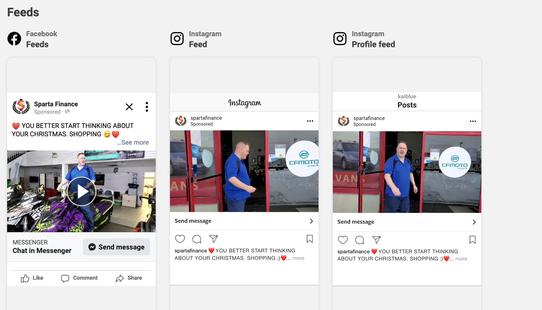 Sparta Finance Meta campaign results showing Facebook and Instagram feed placements